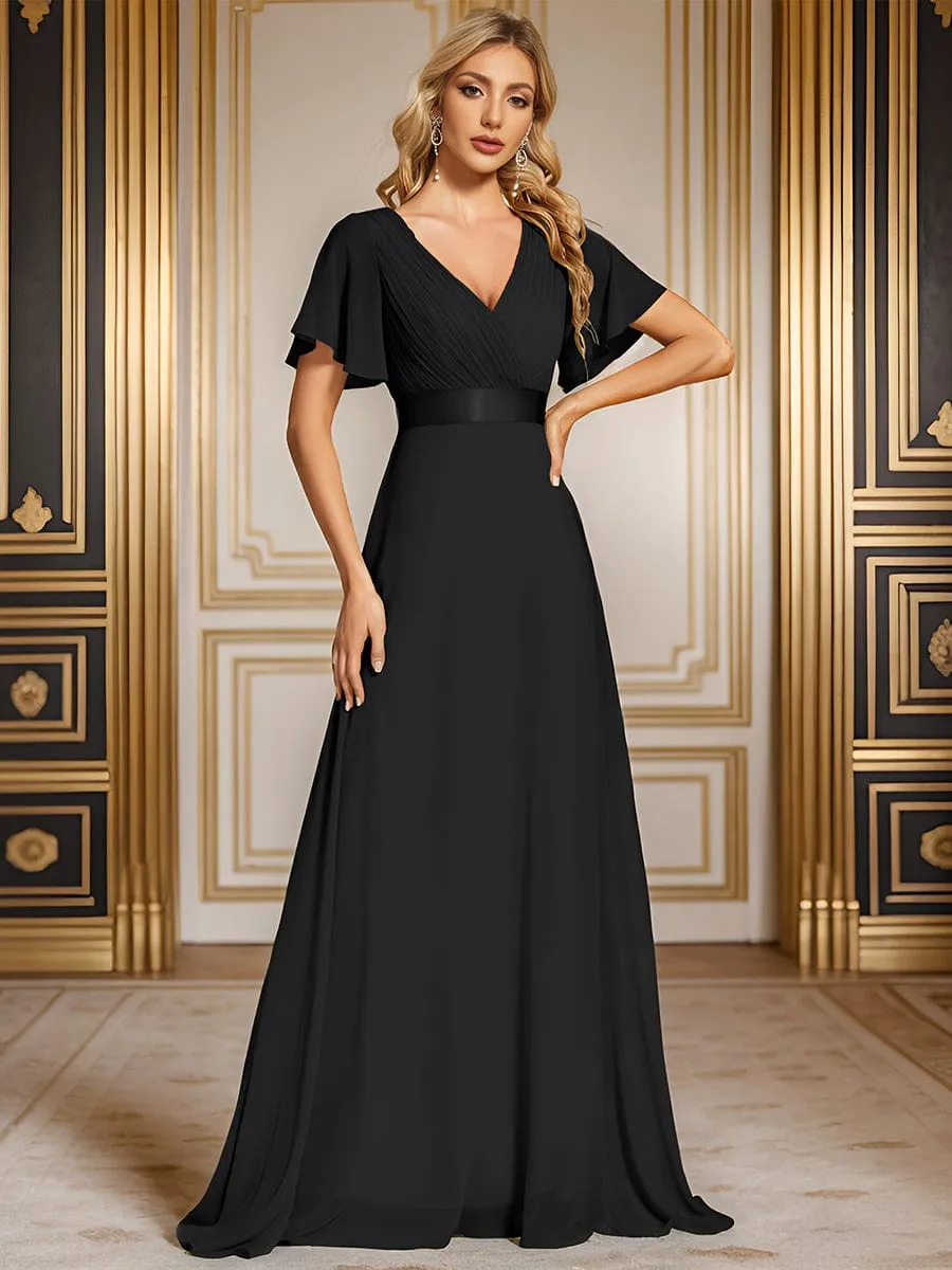 Long Chiffon Empire Waist Bridesmaid Dress with Short Flutter Sleeves