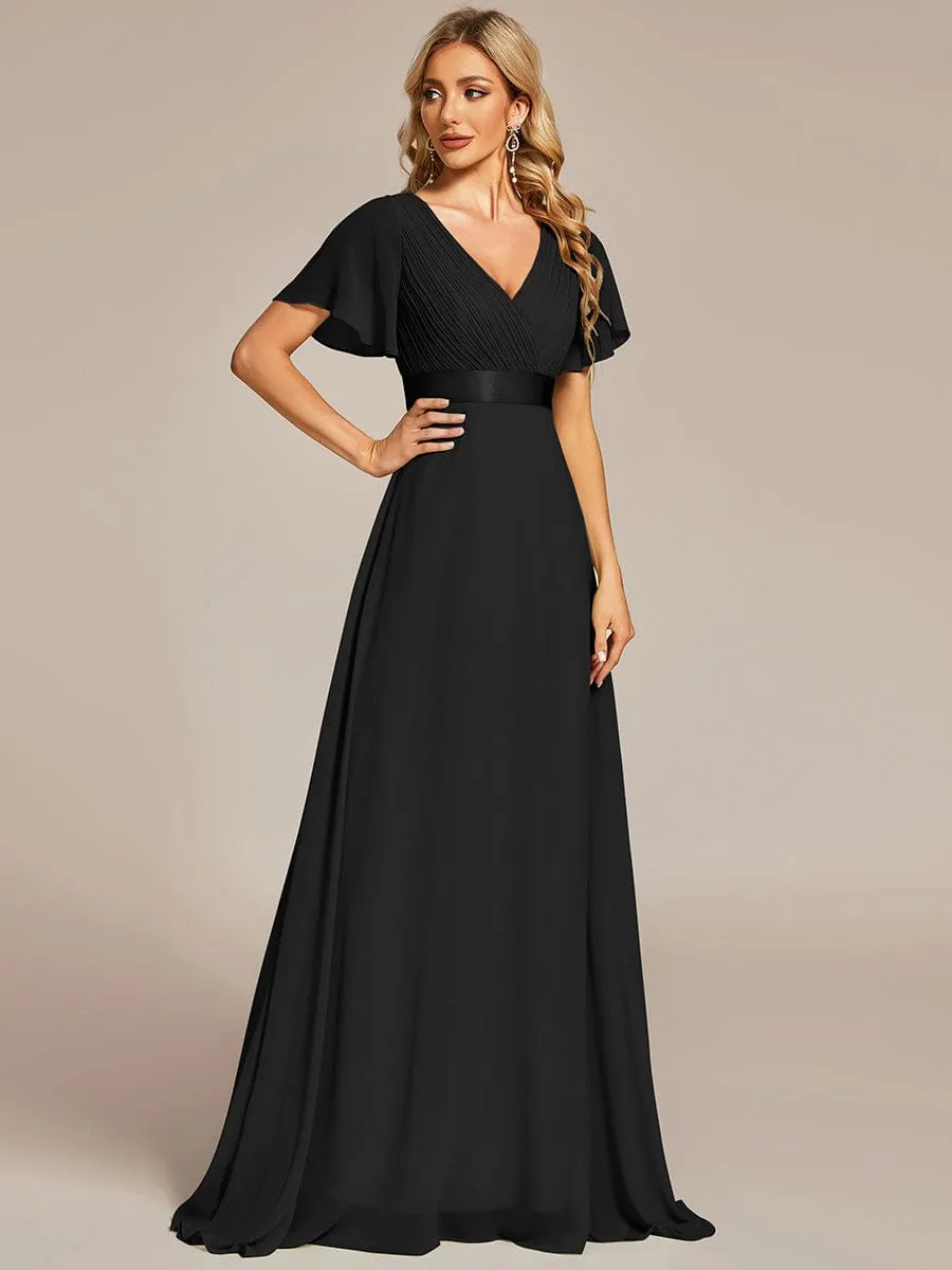 Long Chiffon Empire Waist Bridesmaid Dress with Short Flutter Sleeves