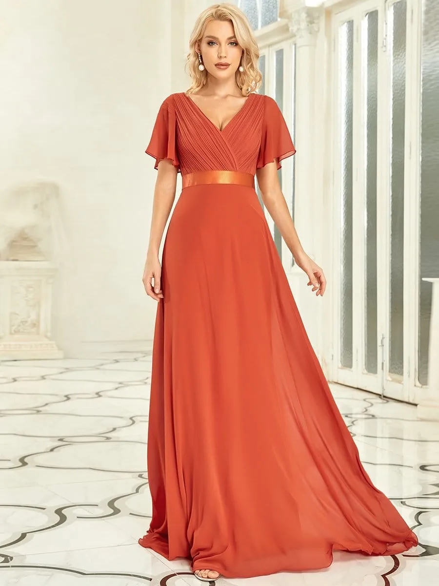 Long Chiffon Empire Waist Bridesmaid Dress with Short Flutter Sleeves