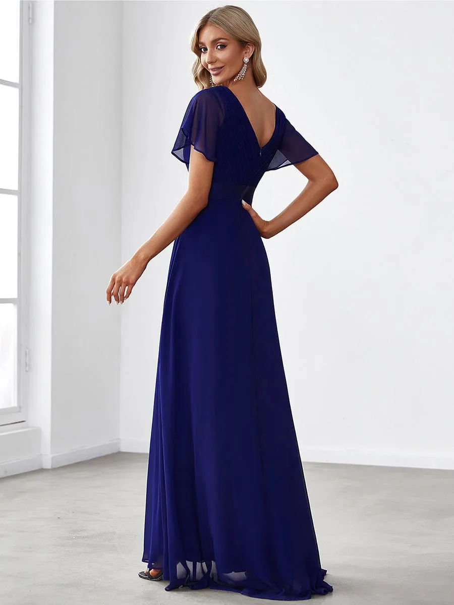 Long Chiffon Empire Waist Bridesmaid Dress with Short Flutter Sleeves