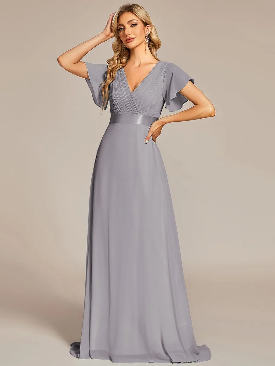 Long Chiffon Empire Waist Bridesmaid Dress with Short Flutter Sleeves