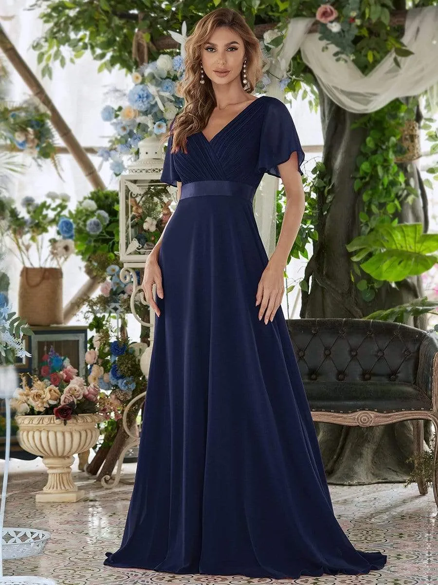 Long Chiffon Empire Waist Bridesmaid Dress with Short Flutter Sleeves