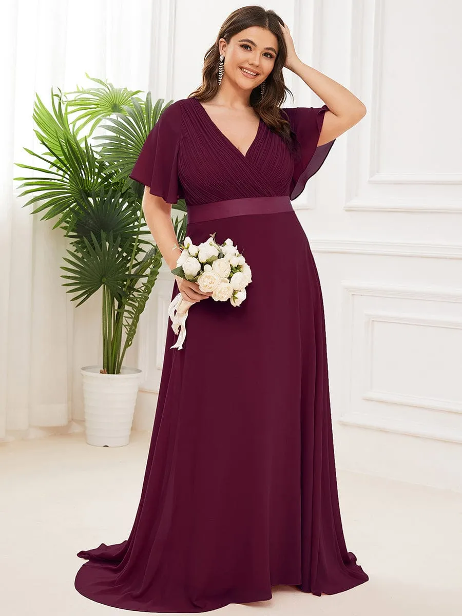 Long Chiffon Empire Waist Bridesmaid Dress with Short Flutter Sleeves