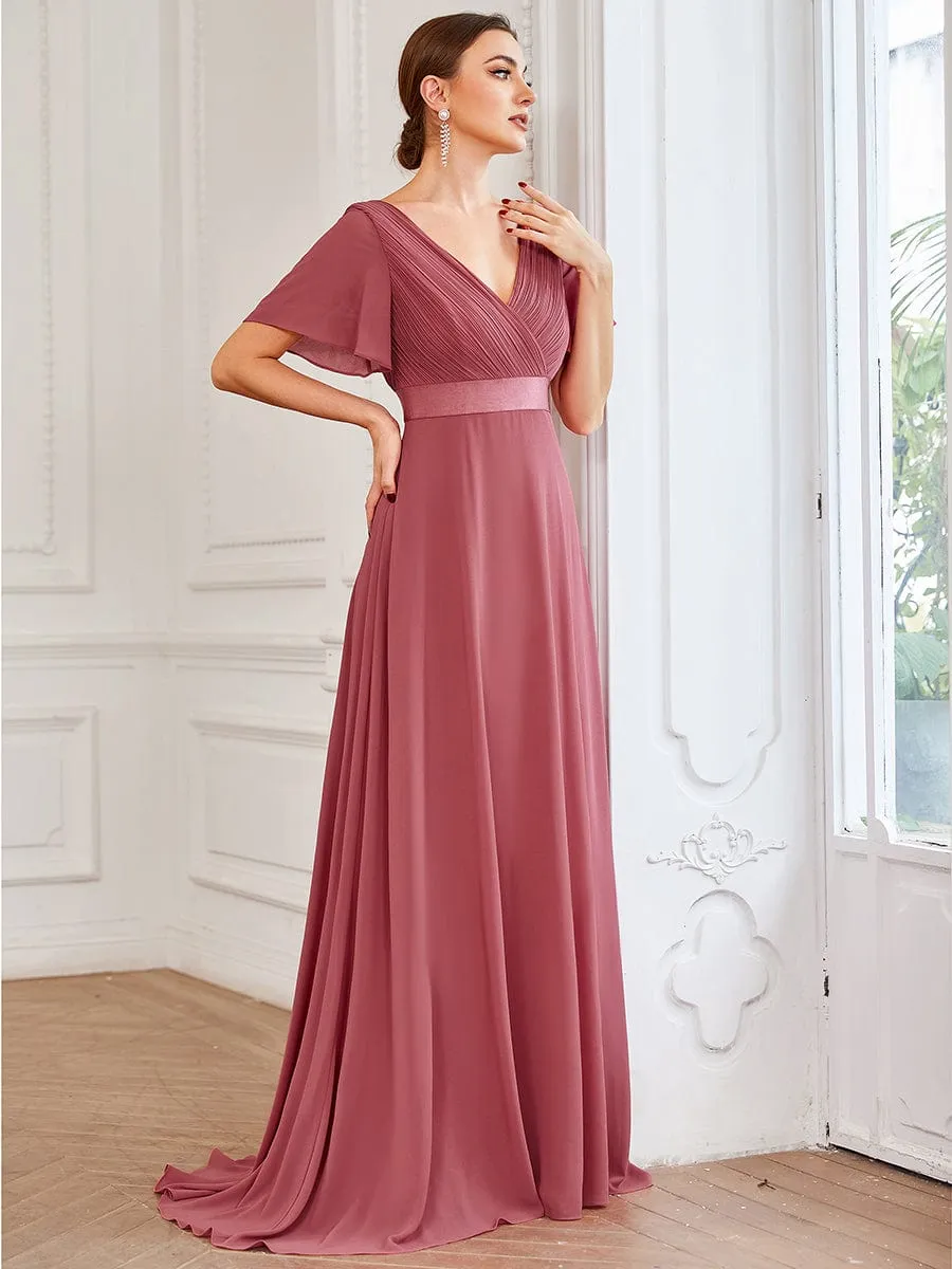 Long Chiffon Empire Waist Bridesmaid Dress with Short Flutter Sleeves