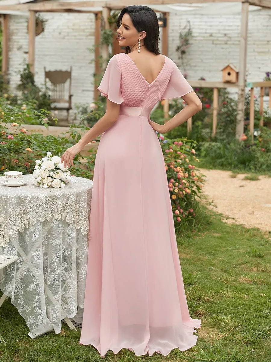 Long Chiffon Empire Waist Bridesmaid Dress with Short Flutter Sleeves