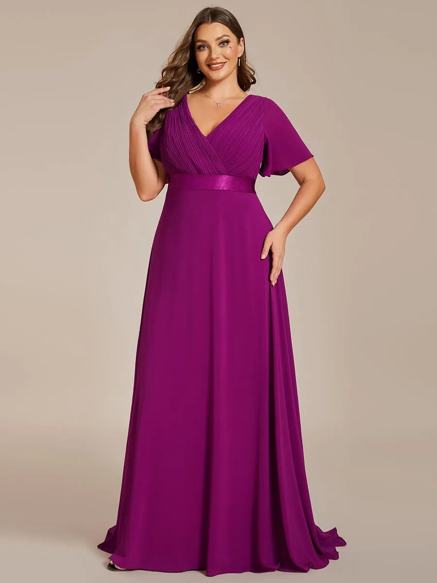 Long Chiffon Empire Waist Bridesmaid Dress with Short Flutter Sleeves