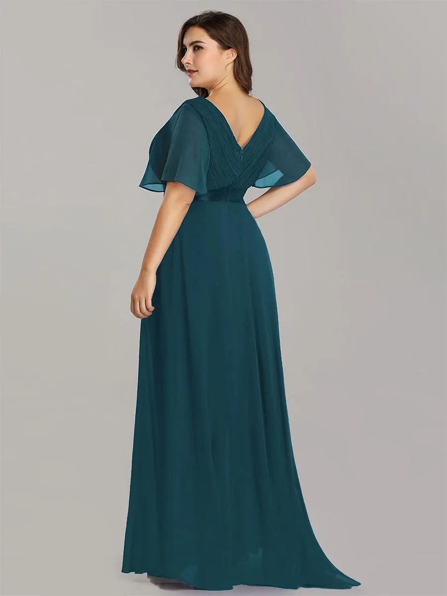 Long Chiffon Empire Waist Bridesmaid Dress with Short Flutter Sleeves