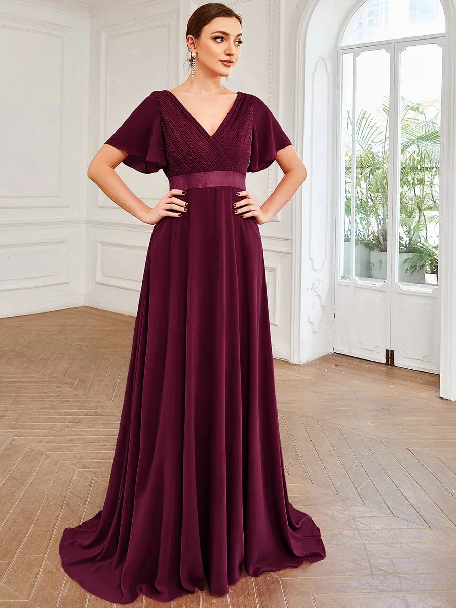 Long Chiffon Empire Waist Bridesmaid Dress with Short Flutter Sleeves