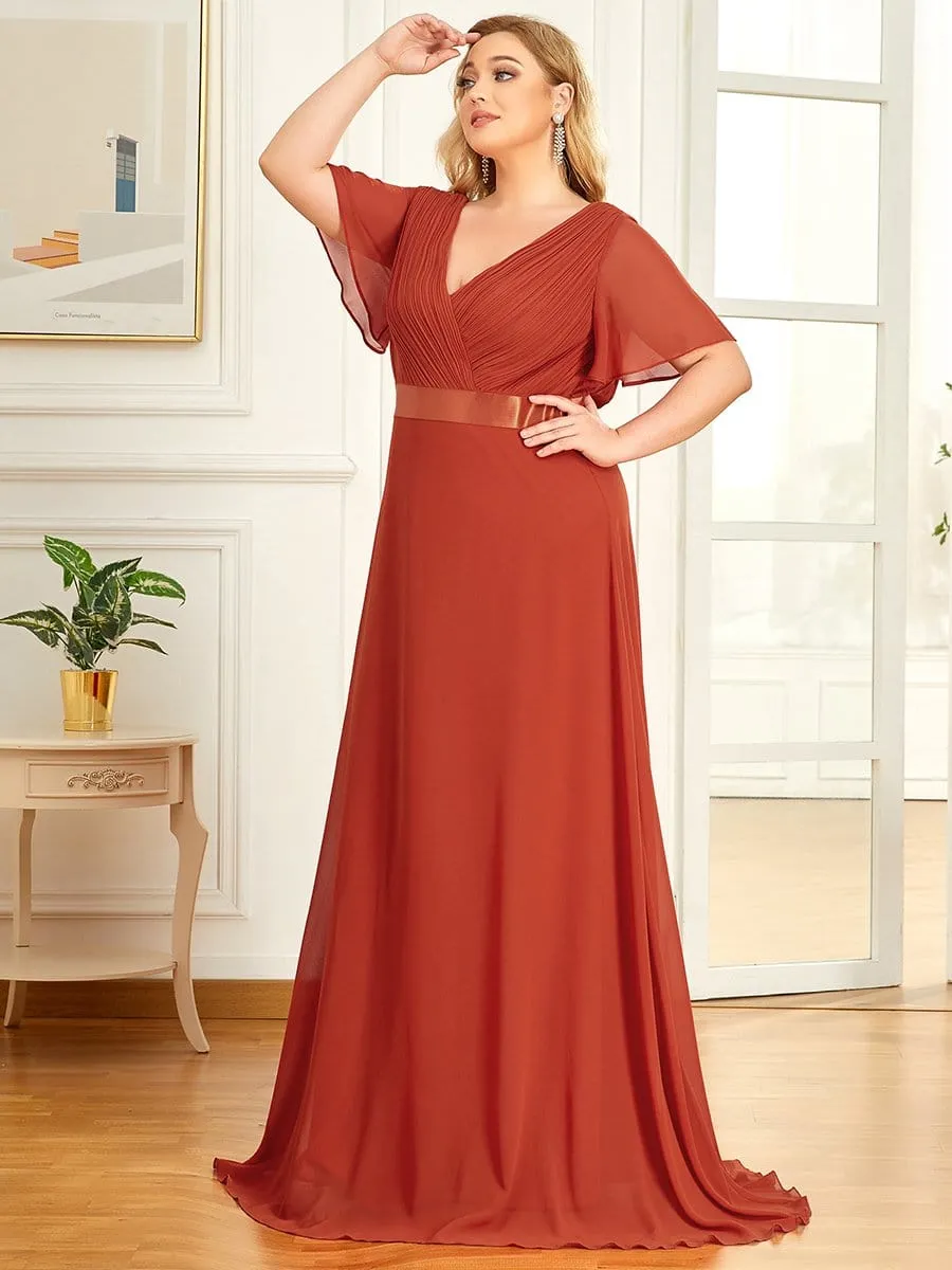 Long Chiffon Empire Waist Bridesmaid Dress with Short Flutter Sleeves