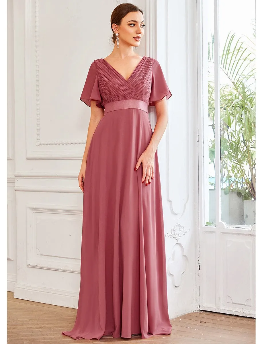 Long Chiffon Empire Waist Bridesmaid Dress with Short Flutter Sleeves