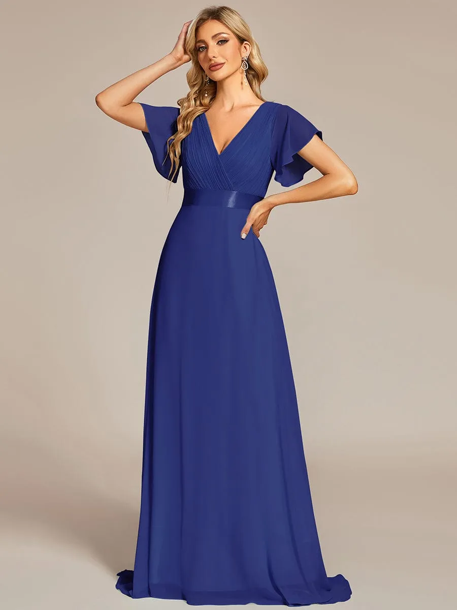 Long Chiffon Empire Waist Bridesmaid Dress with Short Flutter Sleeves