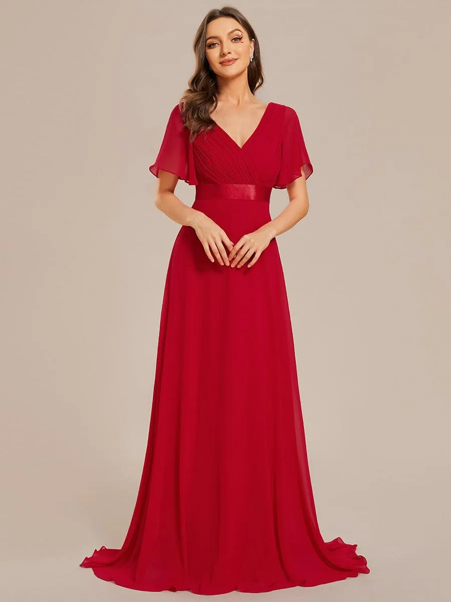 Long Chiffon Empire Waist Bridesmaid Dress with Short Flutter Sleeves