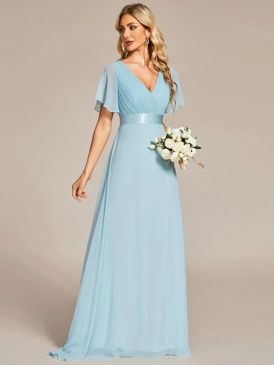 Long Chiffon Empire Waist Bridesmaid Dress with Short Flutter Sleeves