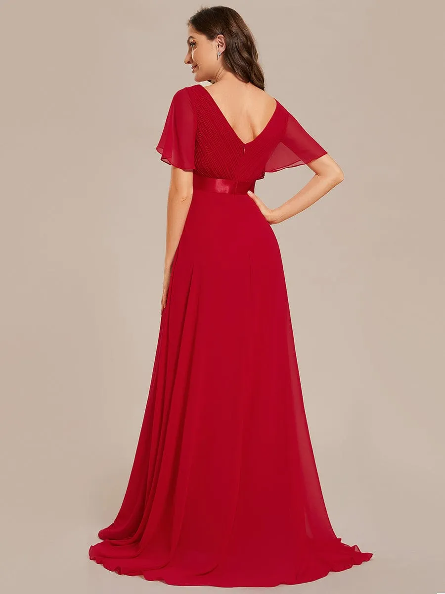 Long Chiffon Empire Waist Bridesmaid Dress with Short Flutter Sleeves