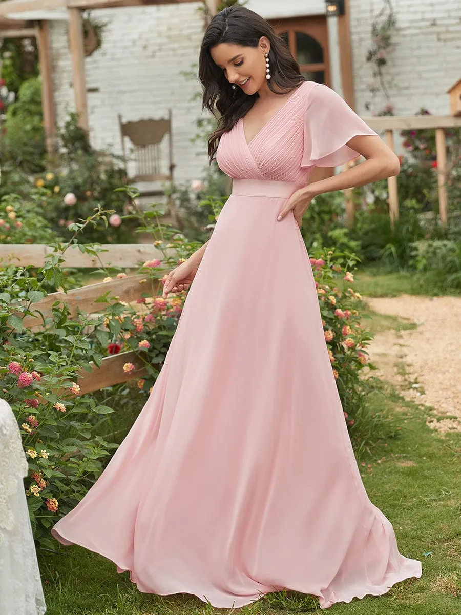 Long Chiffon Empire Waist Bridesmaid Dress with Short Flutter Sleeves