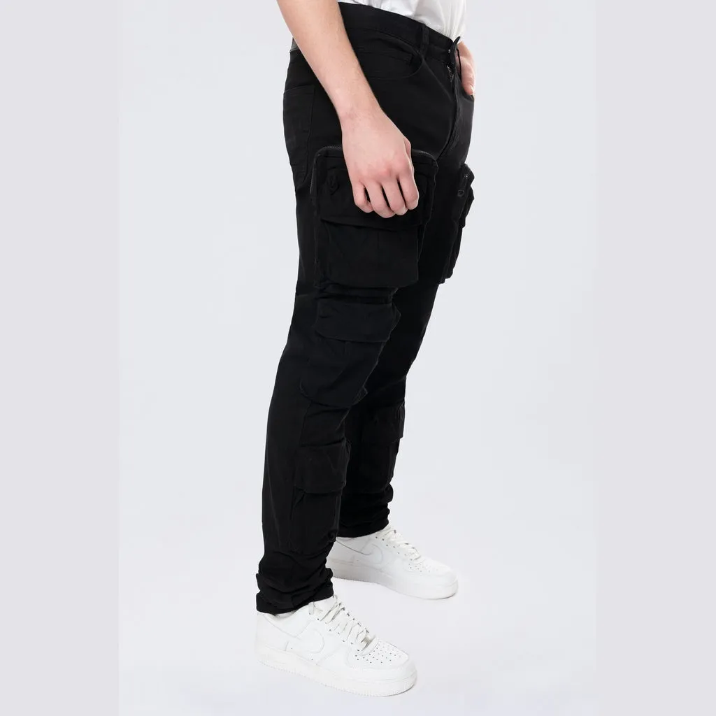 Long Slim 5 Pocket Cargo Twill Pants - Black