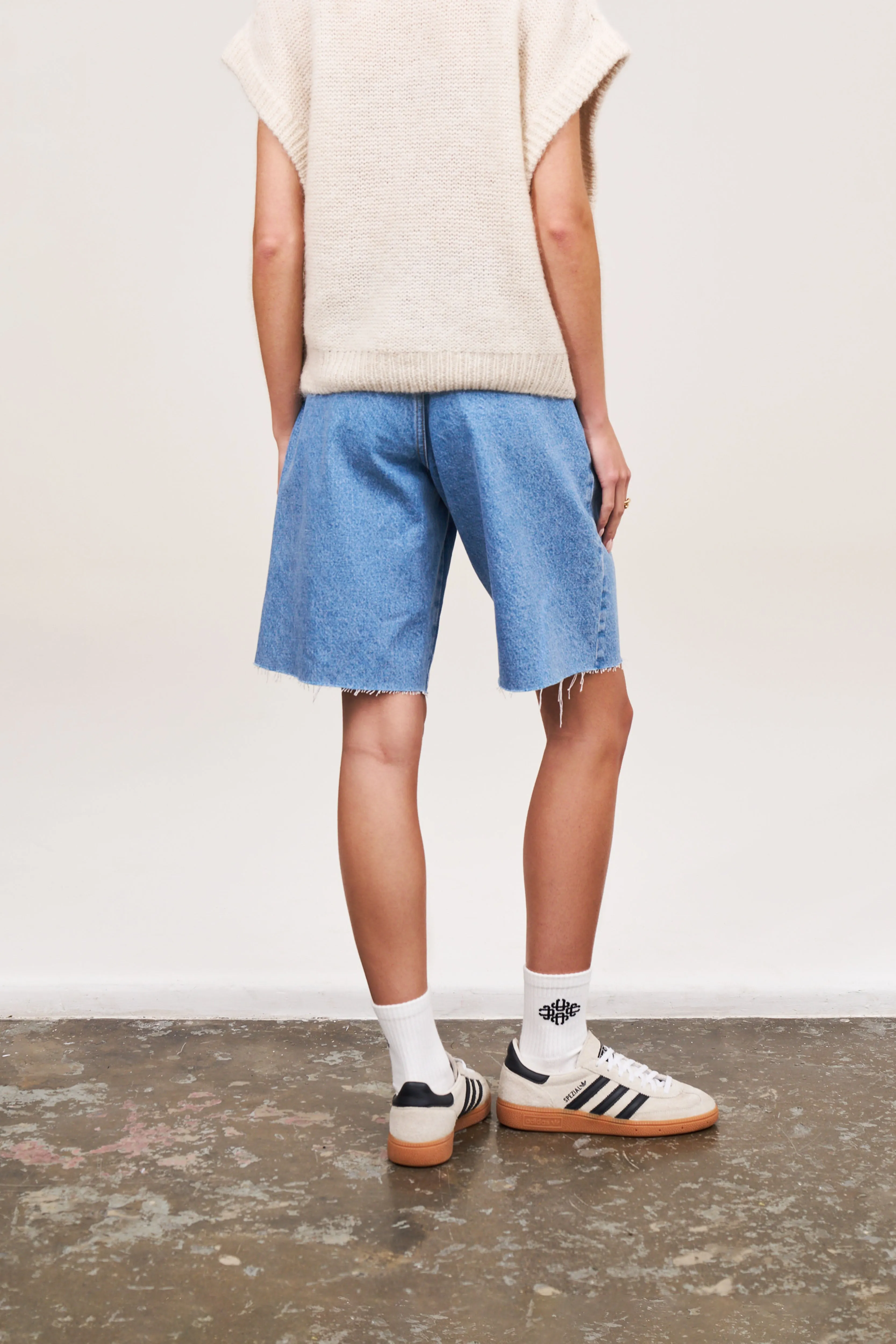 LONGLINE DENIM JORTS - WASHED BLUE