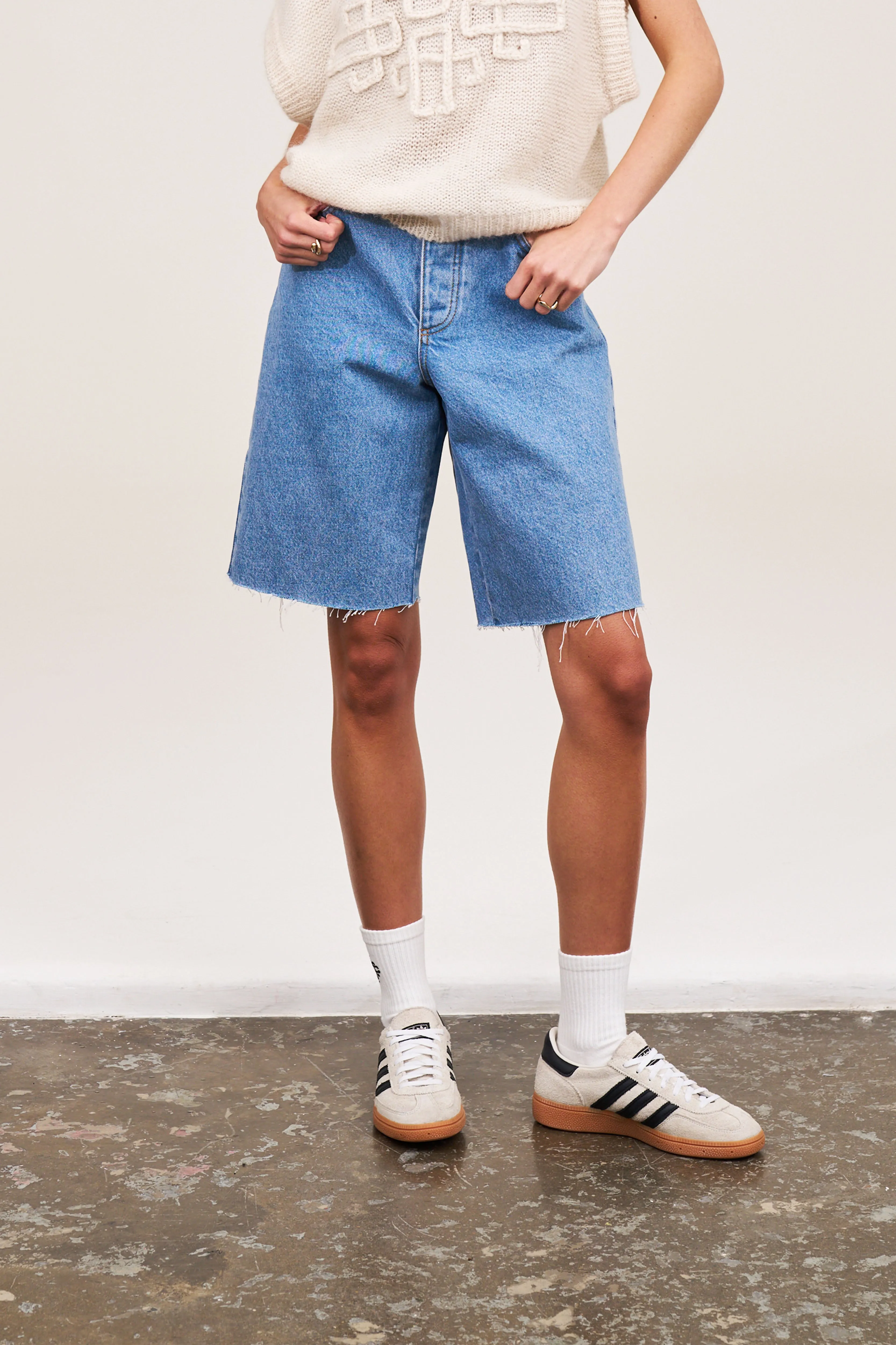 LONGLINE DENIM JORTS - WASHED BLUE