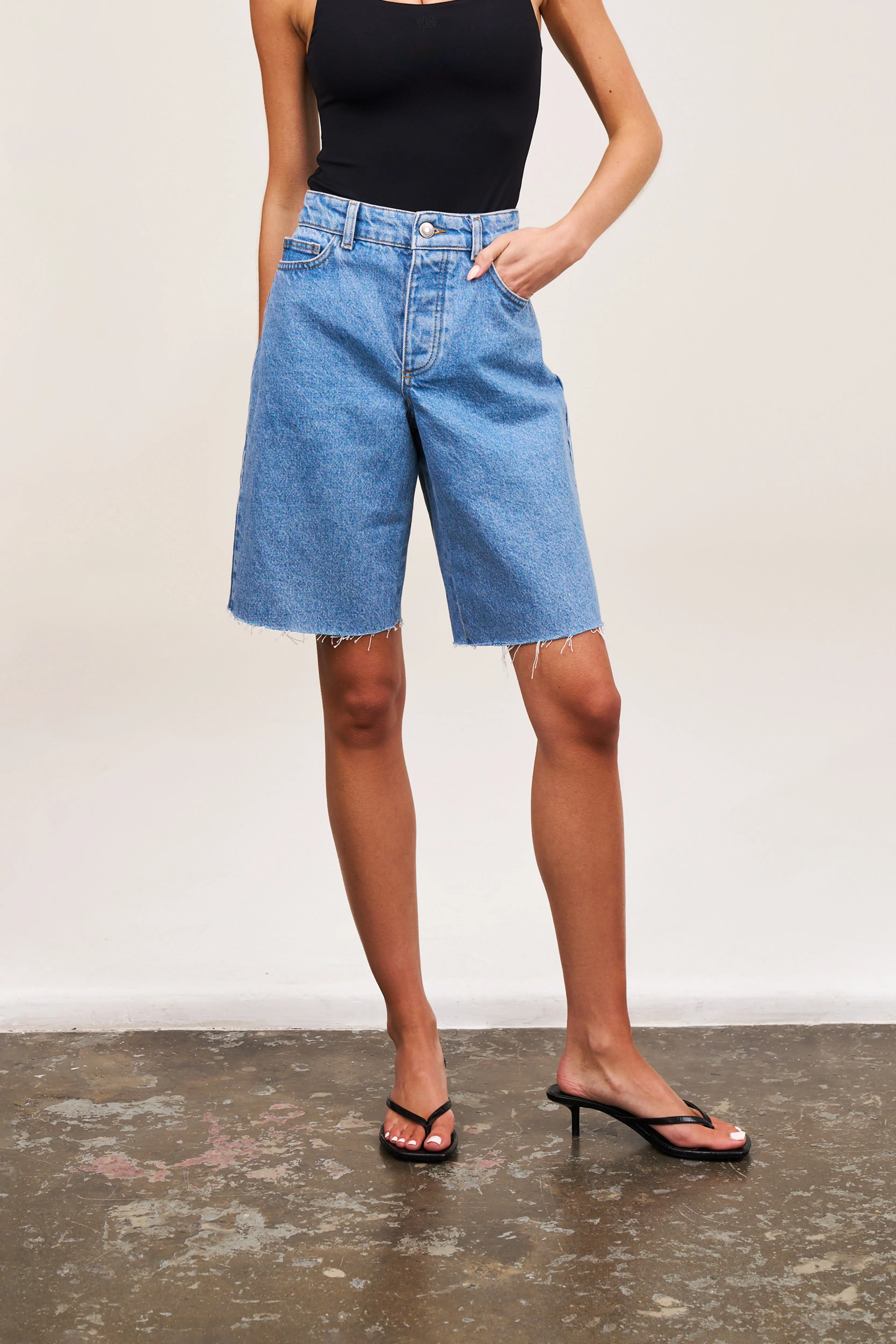 LONGLINE DENIM JORTS - WASHED BLUE