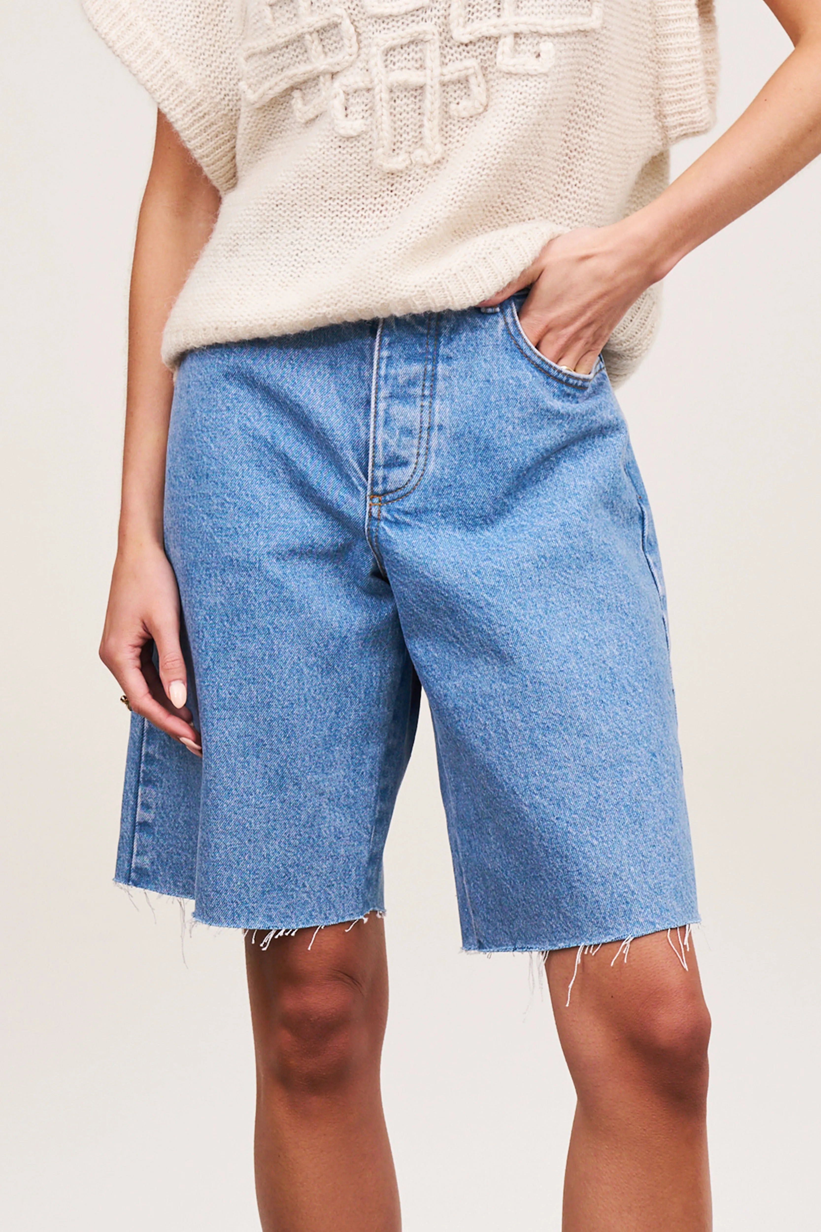 LONGLINE DENIM JORTS - WASHED BLUE