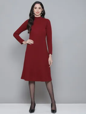 Maroon Rib Turtle Neck Raglan Sleeve Midi Dress