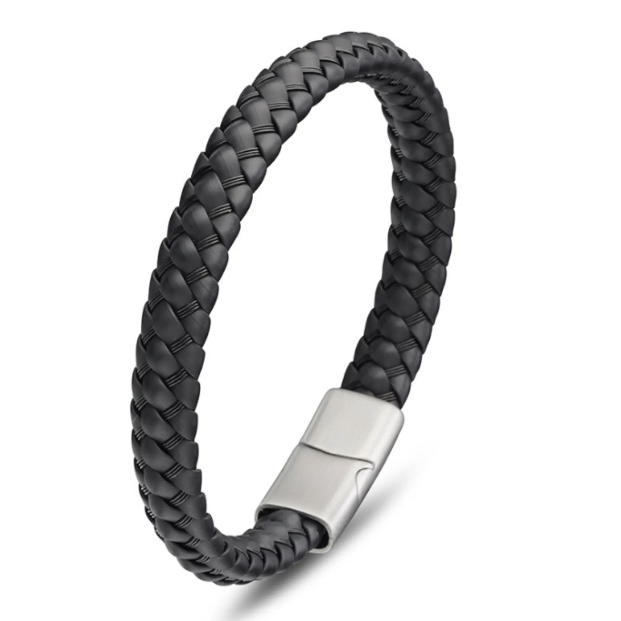 Mens leather stainless steel bracelet black silver