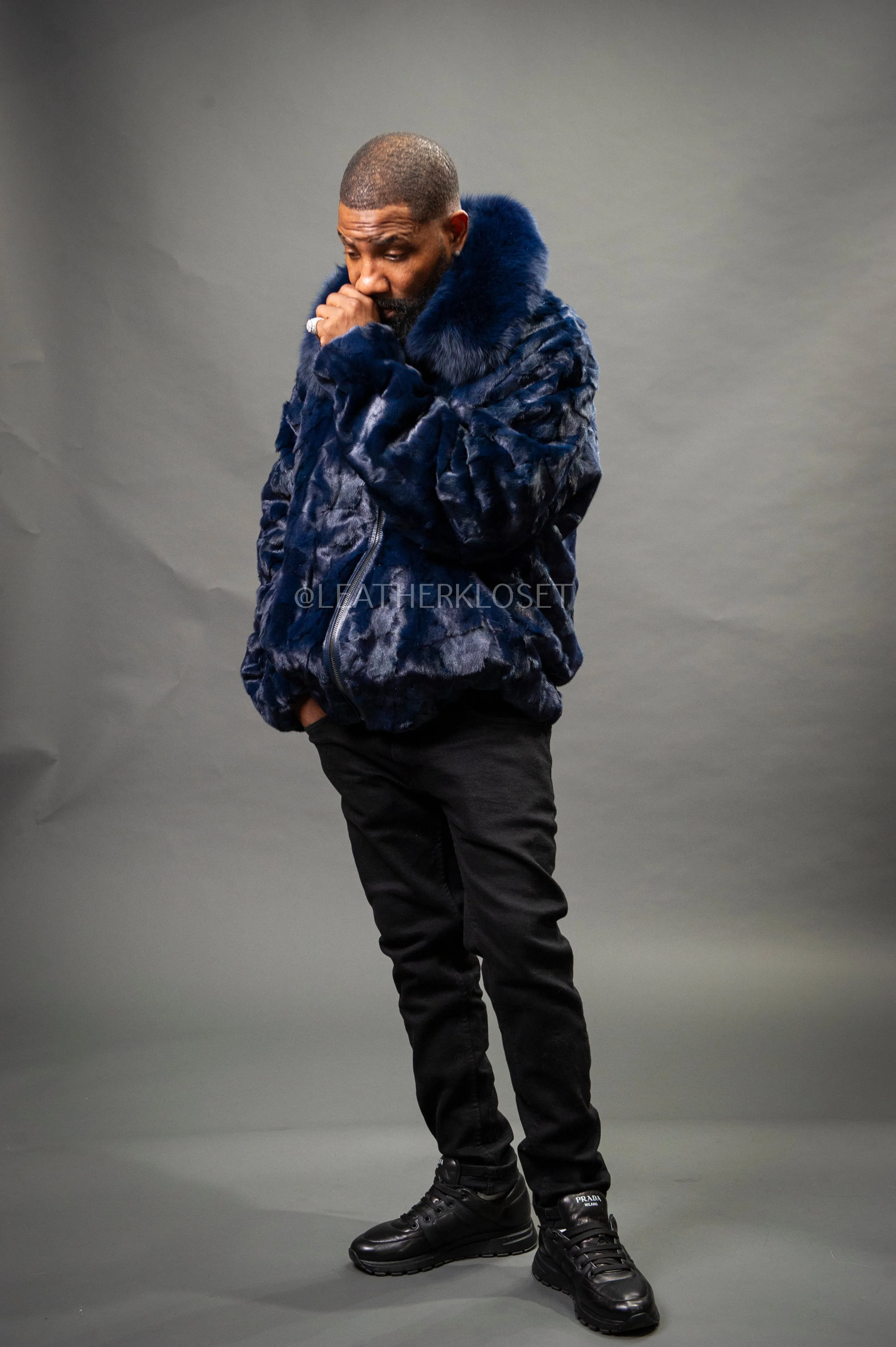 Men's Mink with Fox Fur Bomber Jacket [Navy Blue]