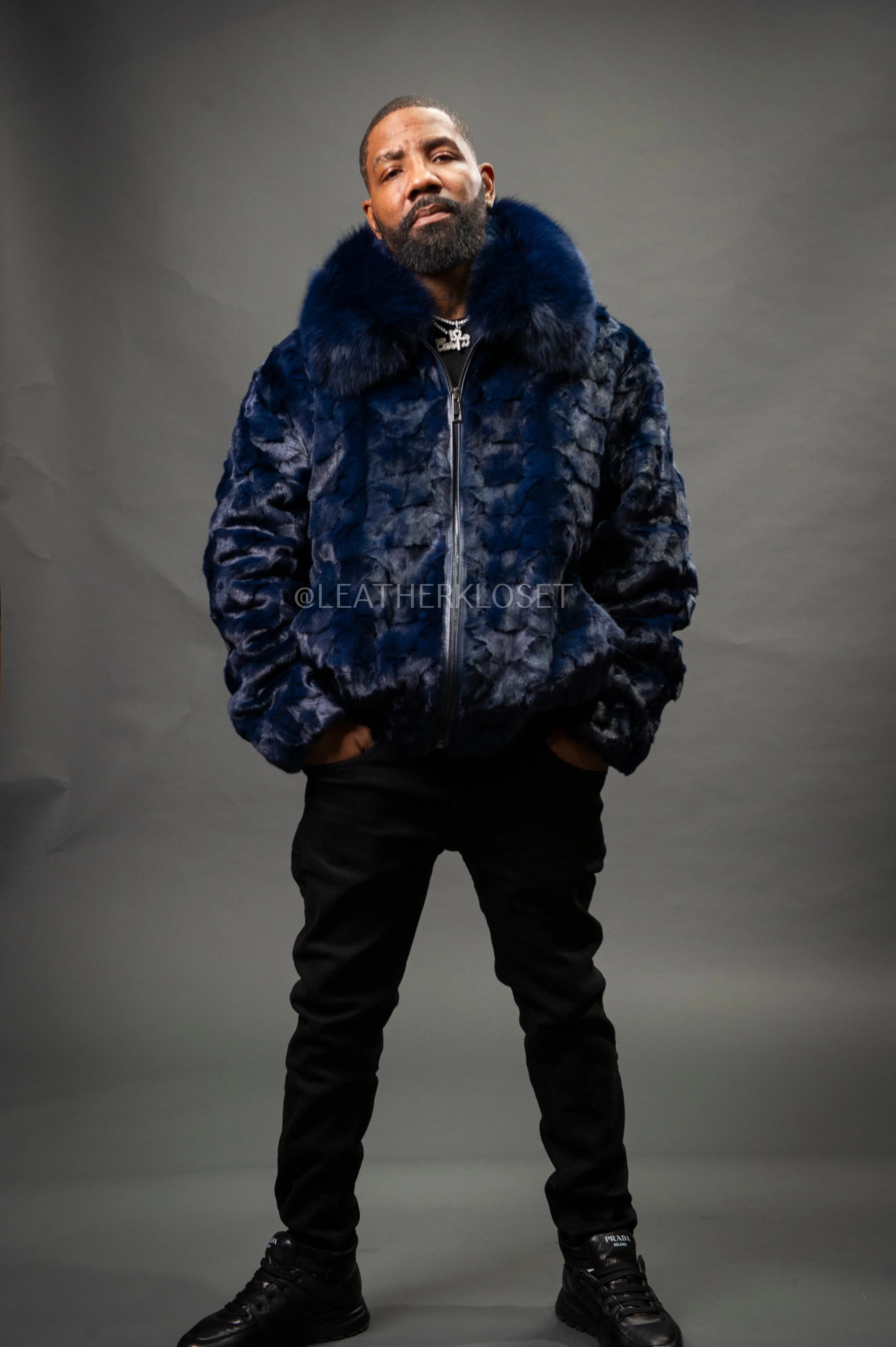 Men's Mink with Fox Fur Bomber Jacket [Navy Blue]