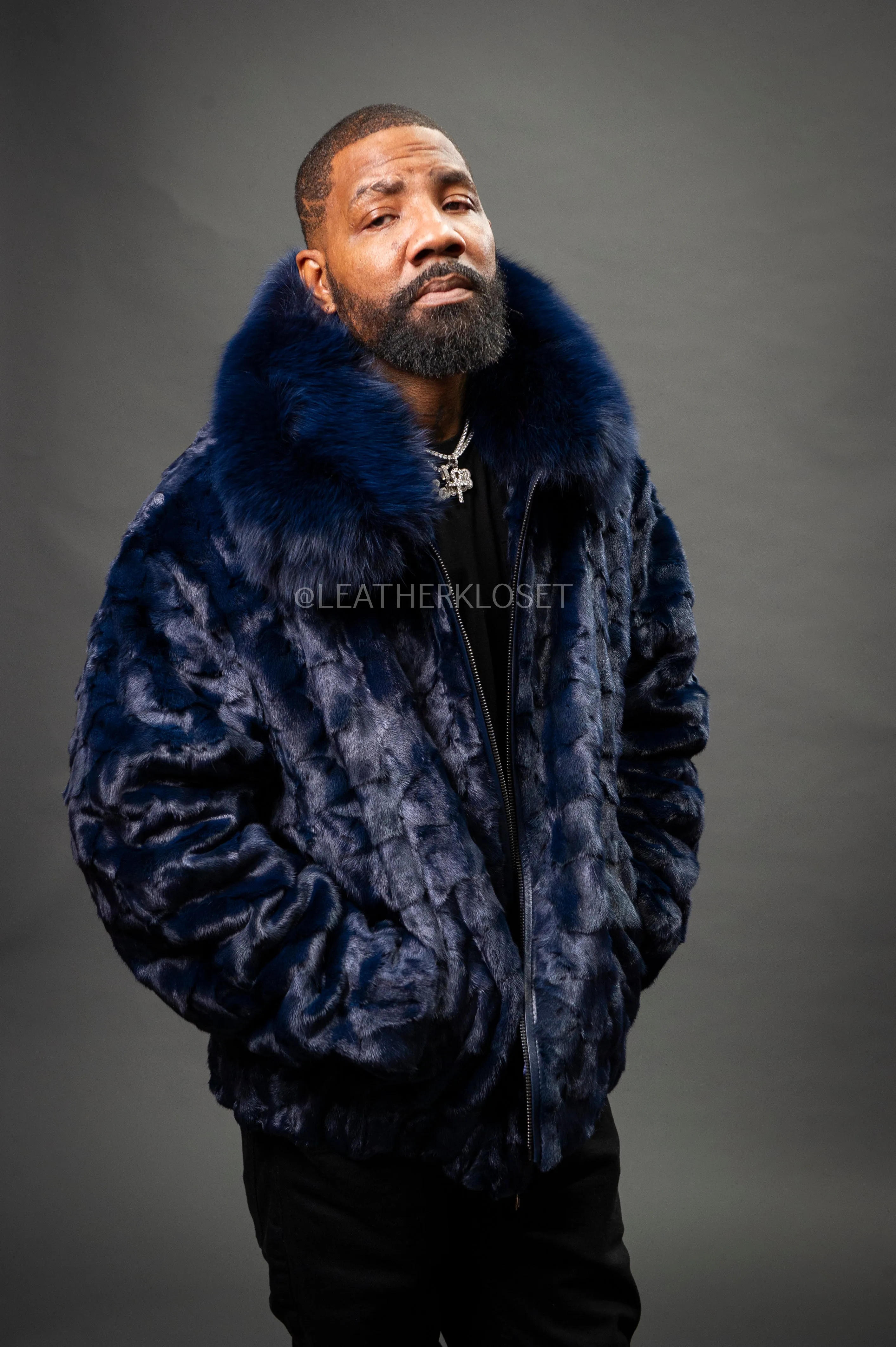 Men's Mink with Fox Fur Bomber Jacket [Navy Blue]