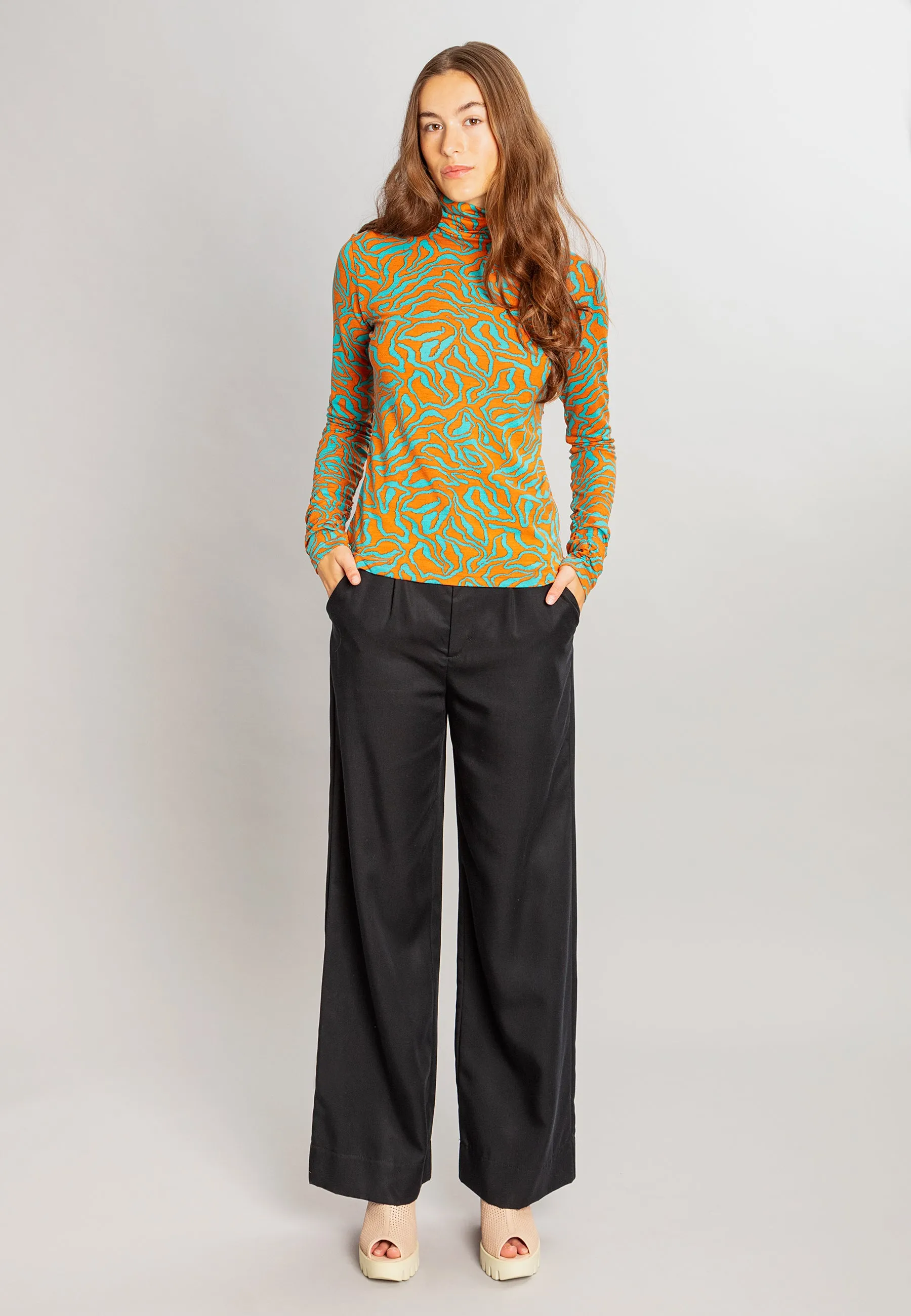 Mila Turtle Neck Shirt Hazy Turquoise & Burned Orange