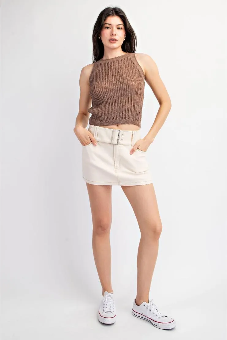 Millie Open Knit Sleeveless Top - Mocha