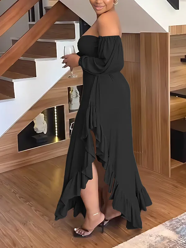 Momnfancy Irregular Cut Out Side Slit Ruffle Off Shoulder Big Swing Elegant Beach Vacation Maternity Photoshoot Baby Shower Party Maxi Dress