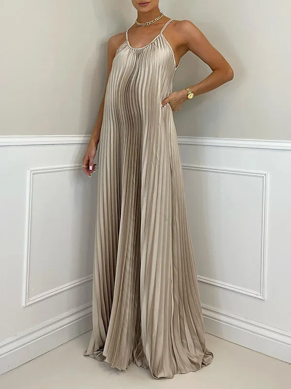 Momnfancy Silver Spaghetti Strap Halter Neck Pleated Big Swing Baby Shower Prom Maternity Dress