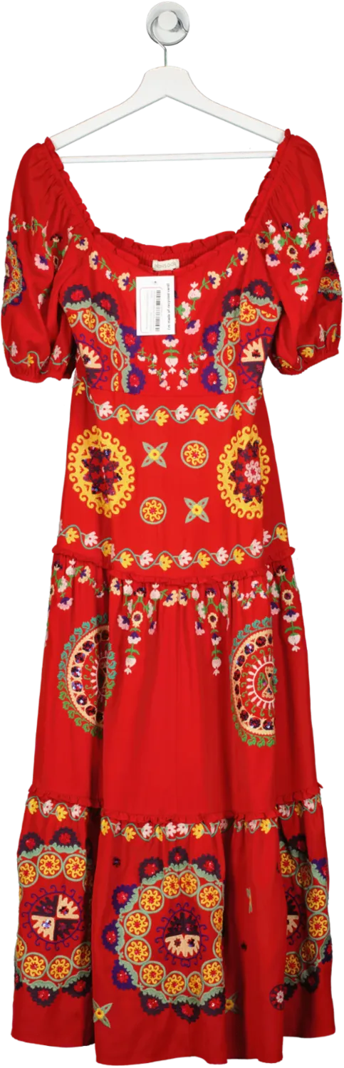 Monsoon Alicia Hand-embellished Tiered Maxi Dress Red UK 8