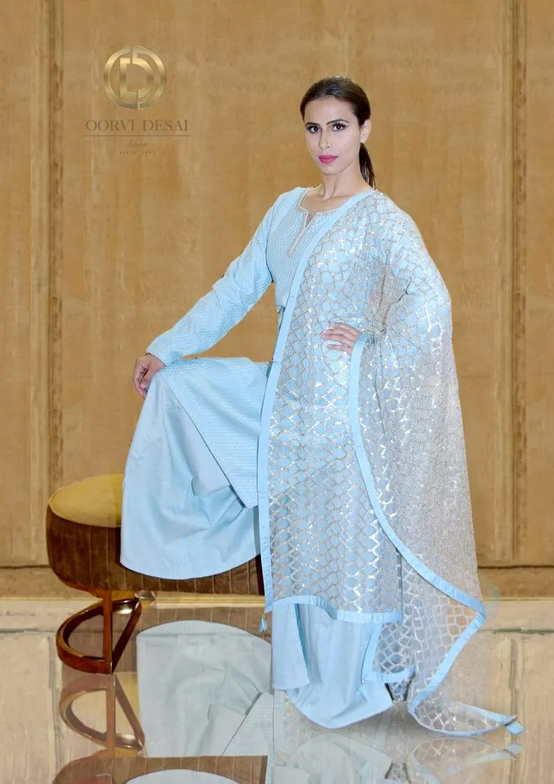 Pastel Blue Palazzo set with Heavy Dupatta by Oorvi Desai