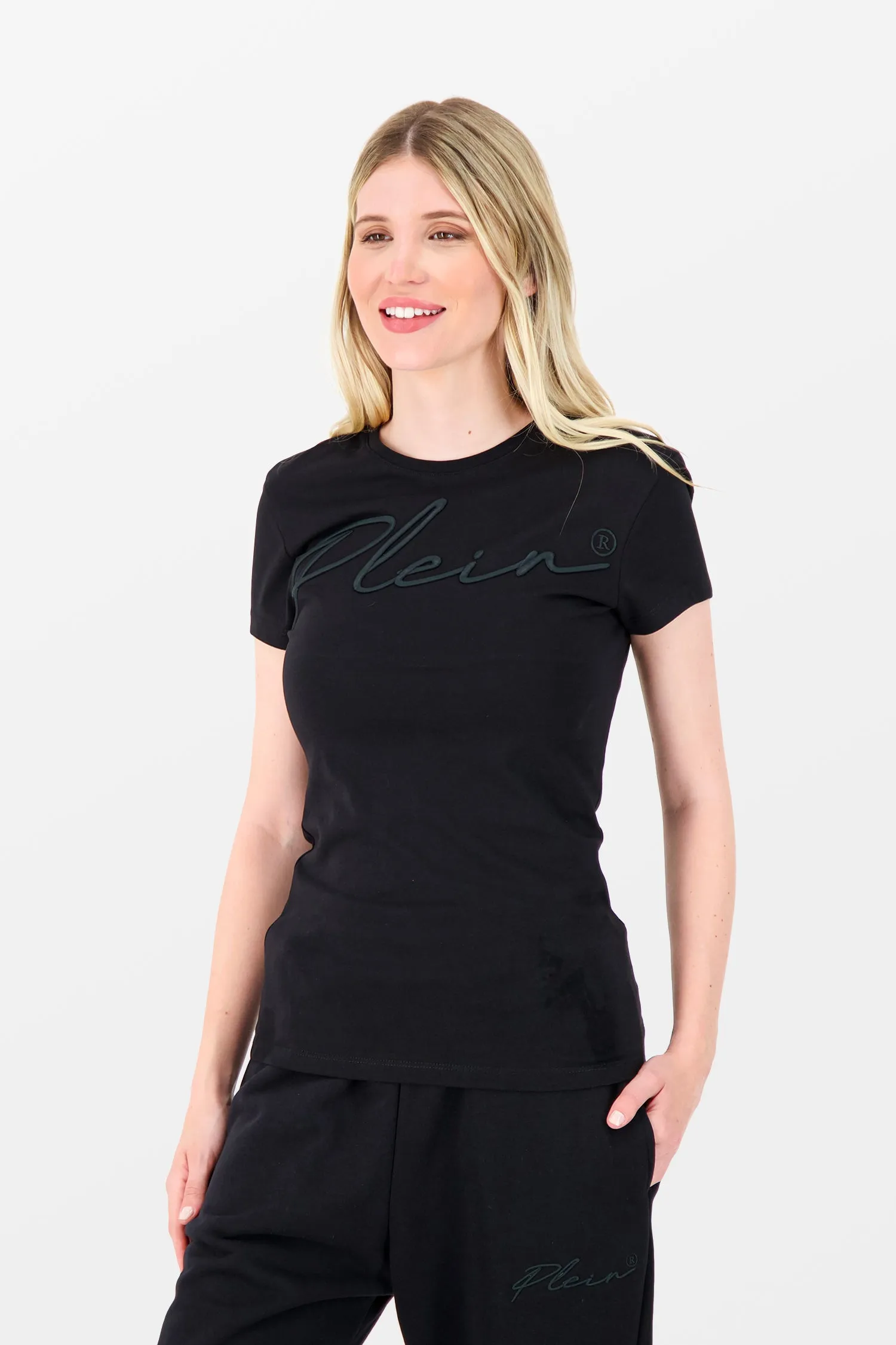 Philipp Plein Black Satin Embroidery Signature T-Shirt