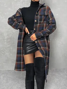 Plaid Print Flap Pocket Drop Shoulder Coat