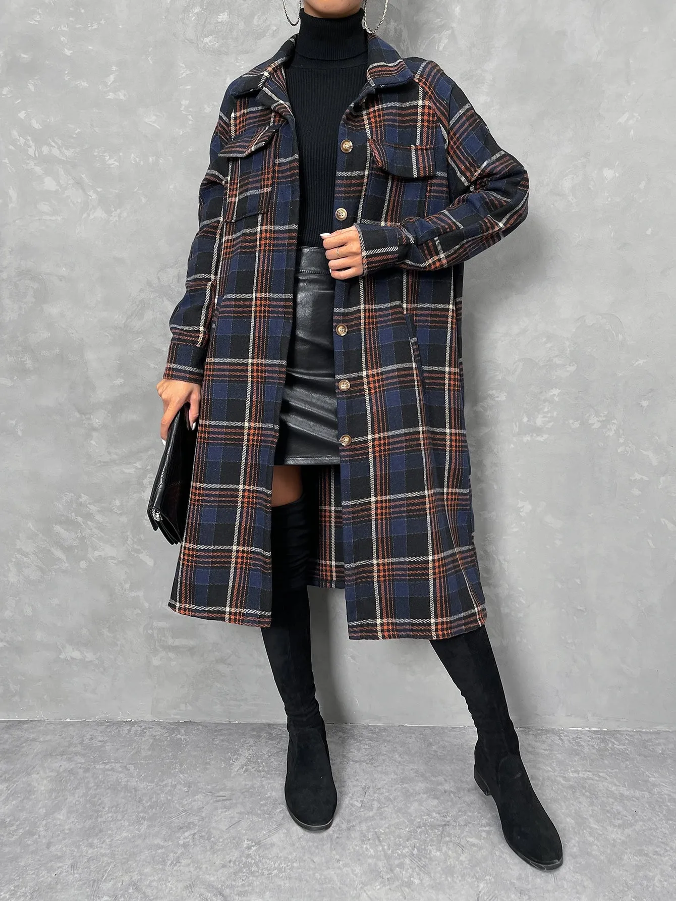 Plaid Print Flap Pocket Drop Shoulder Coat