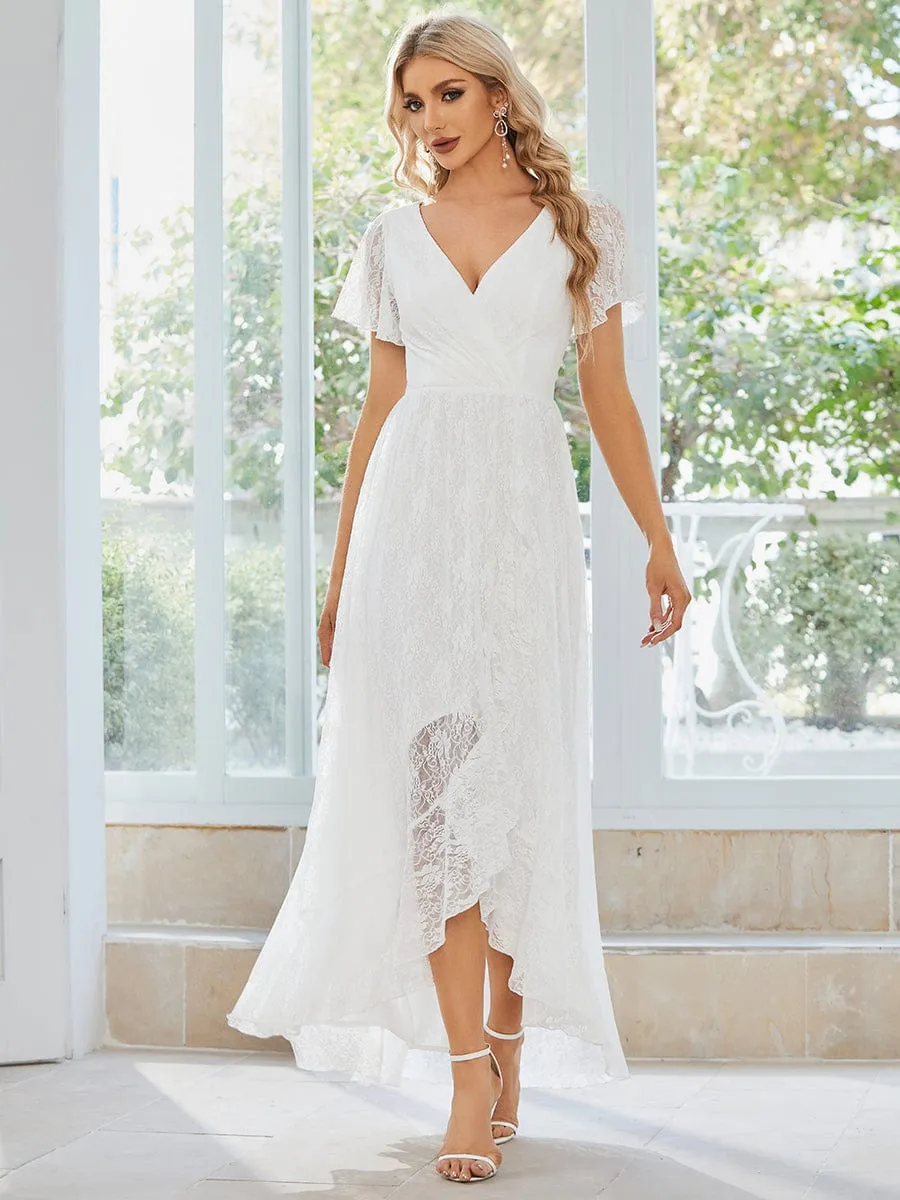 Pleated V-Neck Short Sleeve Ruffled Lace Formal Evening Dress