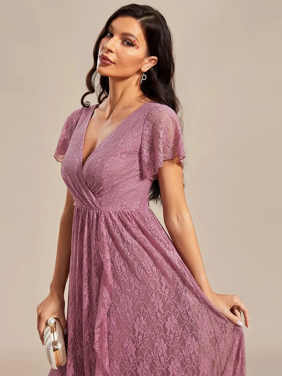 Pleated V-Neck Short Sleeve Ruffled Lace Formal Evening Dress