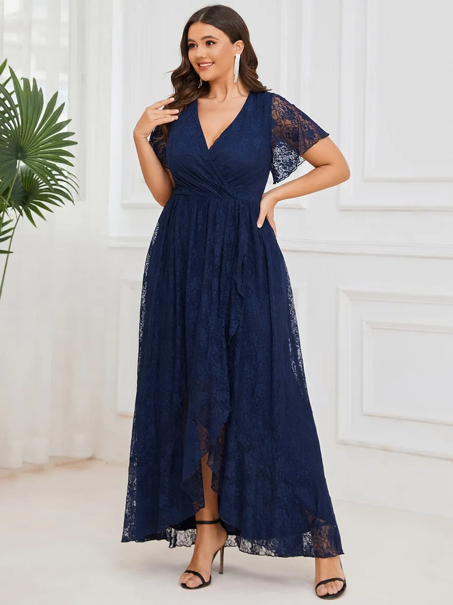 Pleated V-Neck Short Sleeve Ruffled Lace Formal Evening Dress