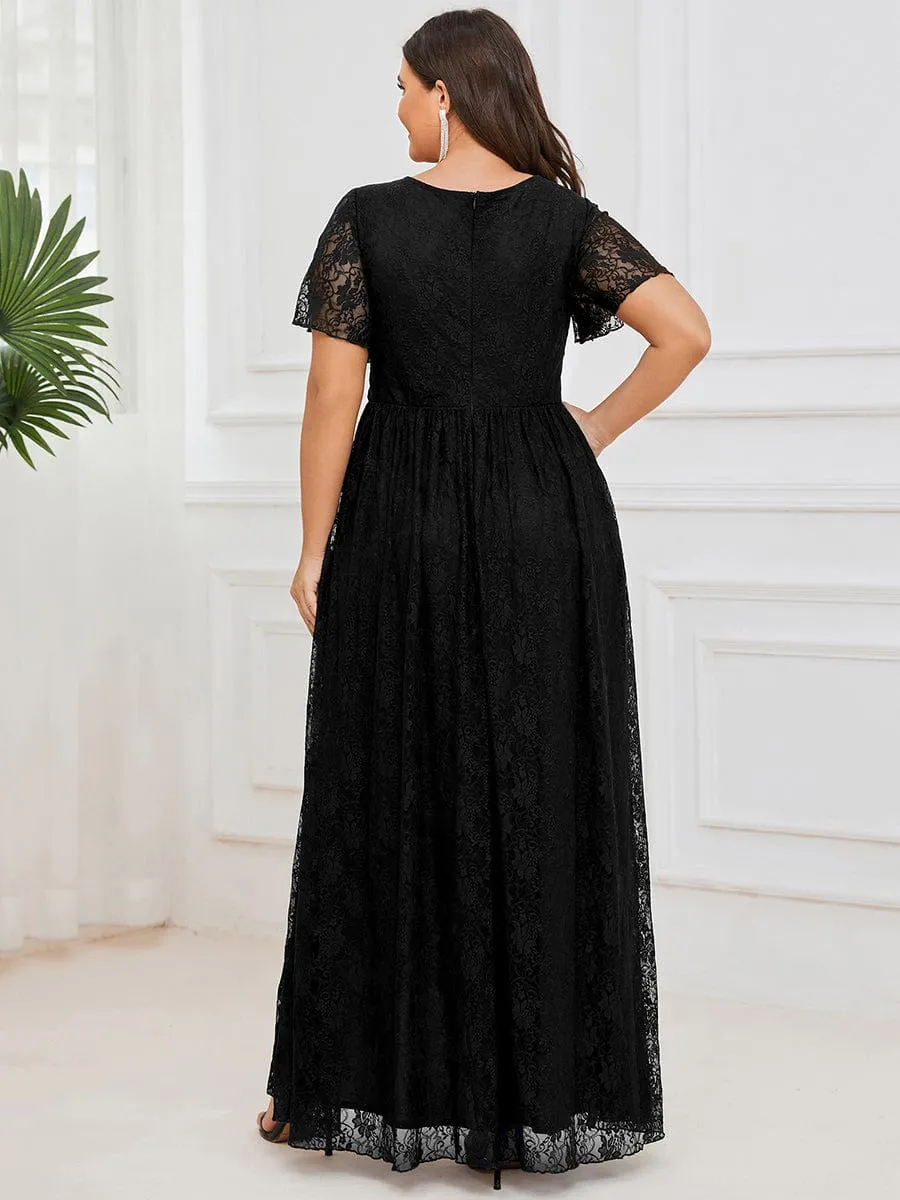 Pleated V-Neck Short Sleeve Ruffled Lace Formal Evening Dress