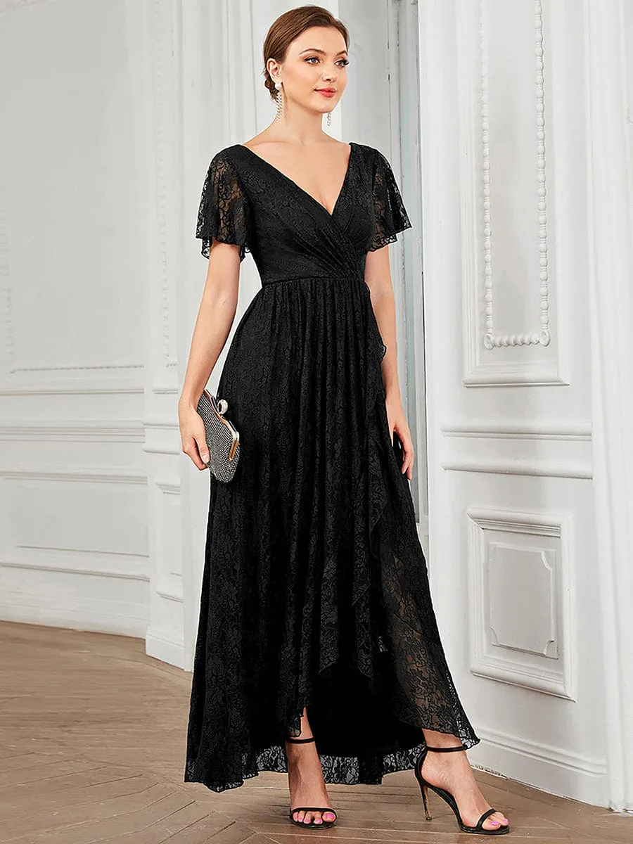 Pleated V-Neck Short Sleeve Ruffled Lace Formal Evening Dress