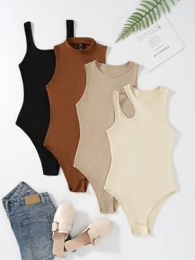 Plus 4pcs Solid Ribbed Knit Cut Out Bodysuit