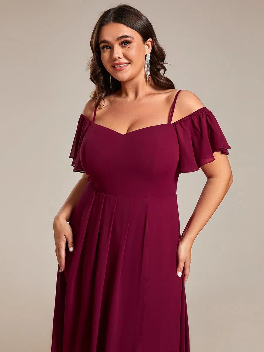 Plus Size Chiffon Spaghetti Strap Cold Shoulder Tea Length Wedding Guest Dress