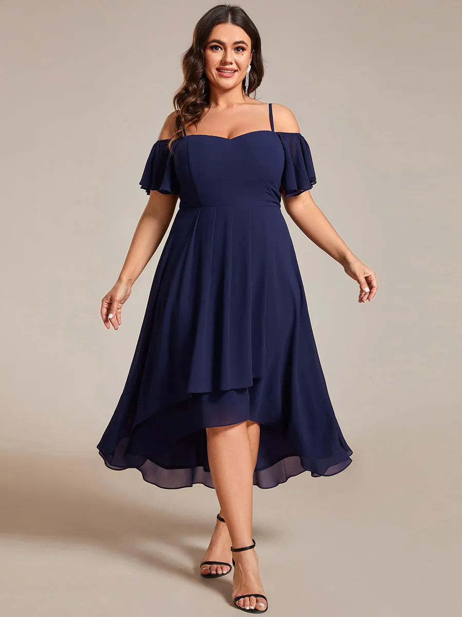 Plus Size Chiffon Spaghetti Strap Cold Shoulder Tea Length Wedding Guest Dress