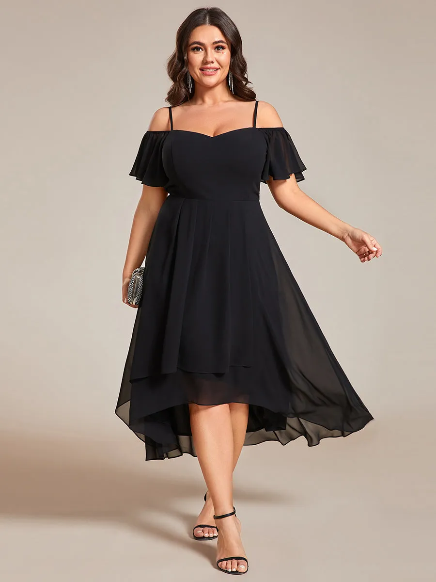 Plus Size Chiffon Spaghetti Strap Cold Shoulder Tea Length Wedding Guest Dress