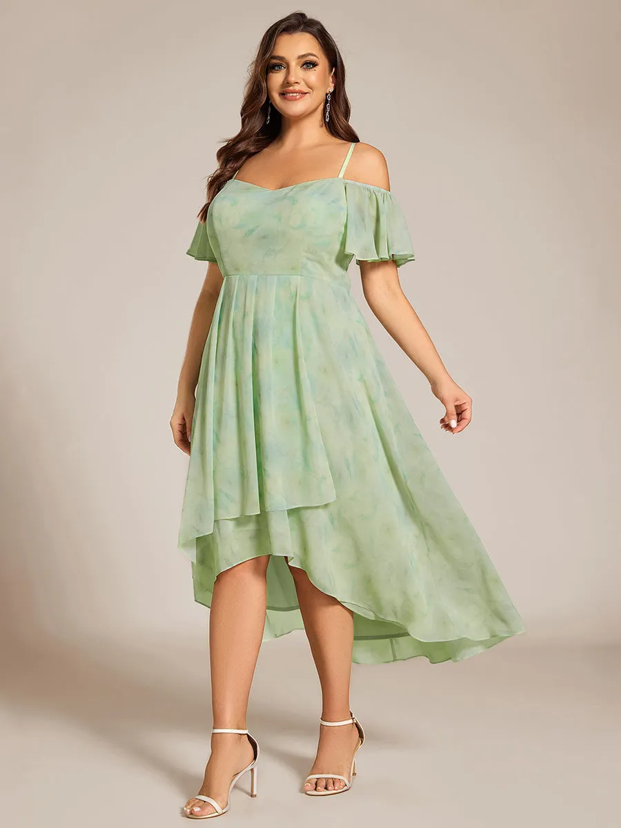 Plus Size Chiffon Spaghetti Strap Cold Shoulder Tea Length Wedding Guest Dress