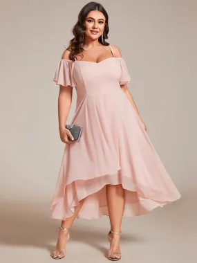 Plus Size Chiffon Spaghetti Strap Cold Shoulder Tea Length Wedding Guest Dress