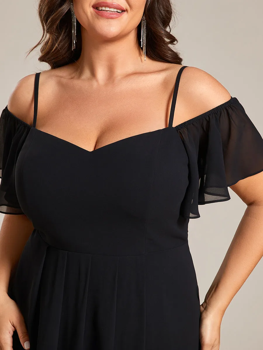 Plus Size Chiffon Spaghetti Strap Cold Shoulder Tea Length Wedding Guest Dress